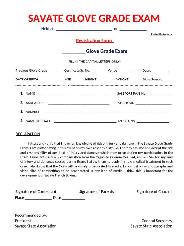 Savate Glove Grade Exam Registration Form | PDF