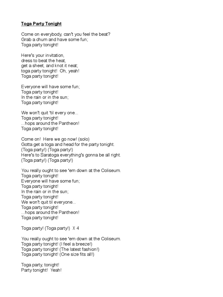 Toga Party Tonight Lyrics Pdf
