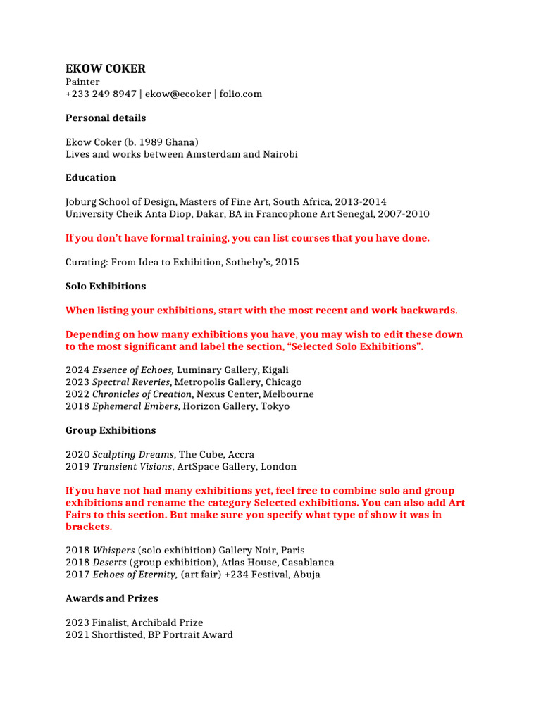 Artist Resume Template by Trybe PDF The Arts