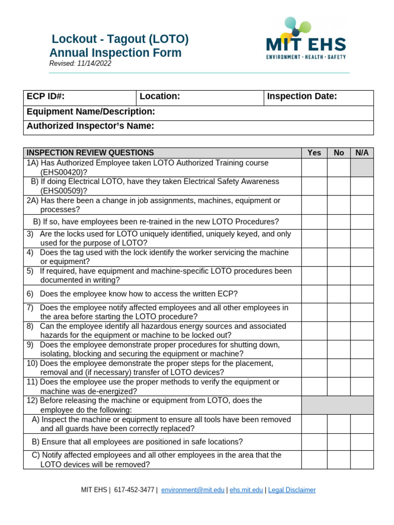 MIT LOTO Annual Inspection Form PDF Safety Occupational Safety(01)