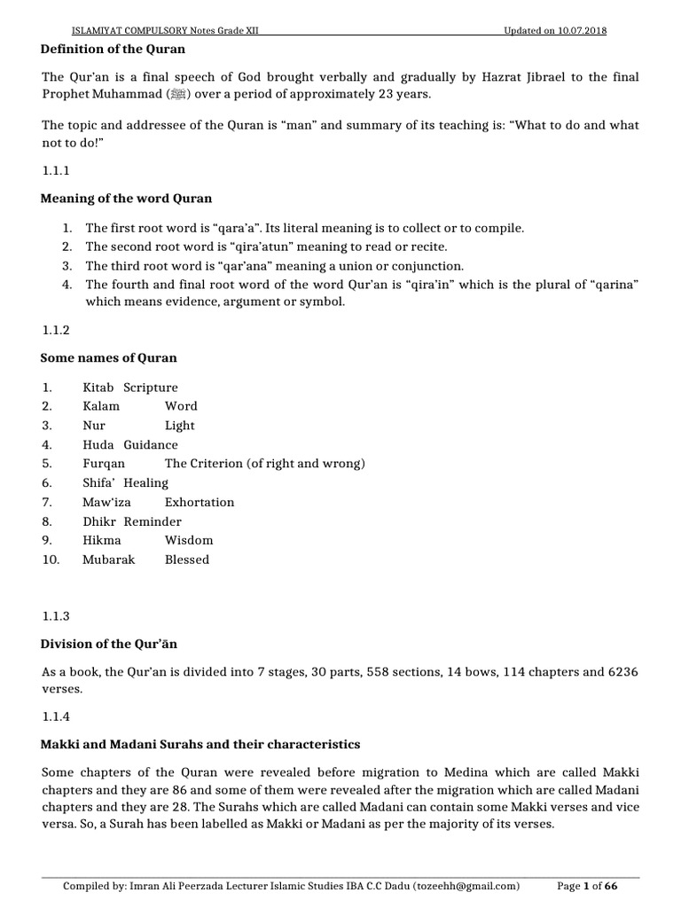 ISLAMIYAT Notes for Grade XII Students | PDF | Hadith | Quran