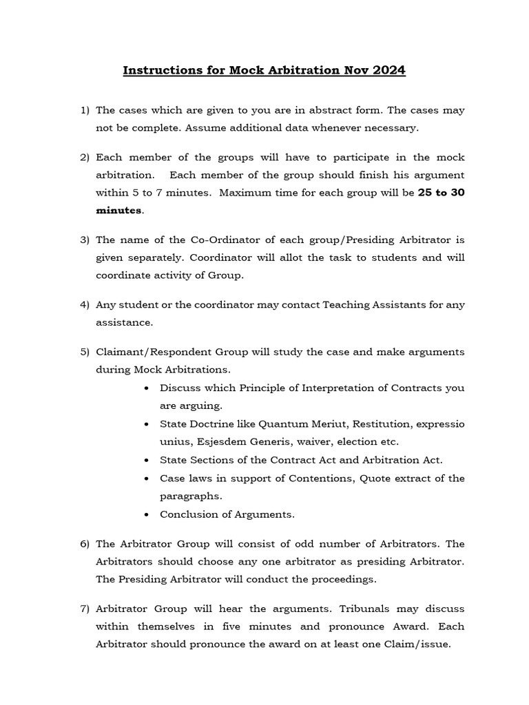 Mock Arbitration Instructions 2024 | PDF