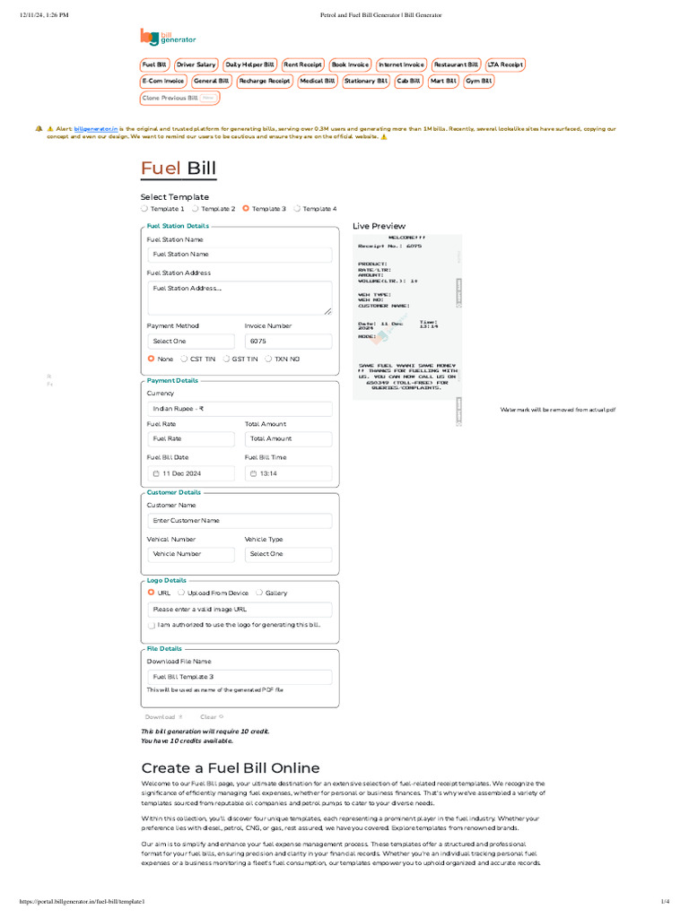 Petrol and Fuel Bill Generator Bill Generator PDF Expense