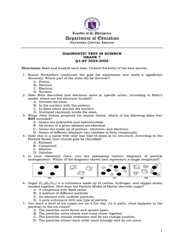 G7 Science Q1 Diagnostic | PDF | Atoms | Boiling