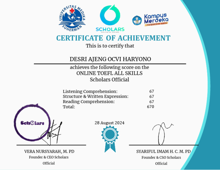 DESRI AJENG OCVI HARYONO - Sertifikat TOEFL Scholars | PDF