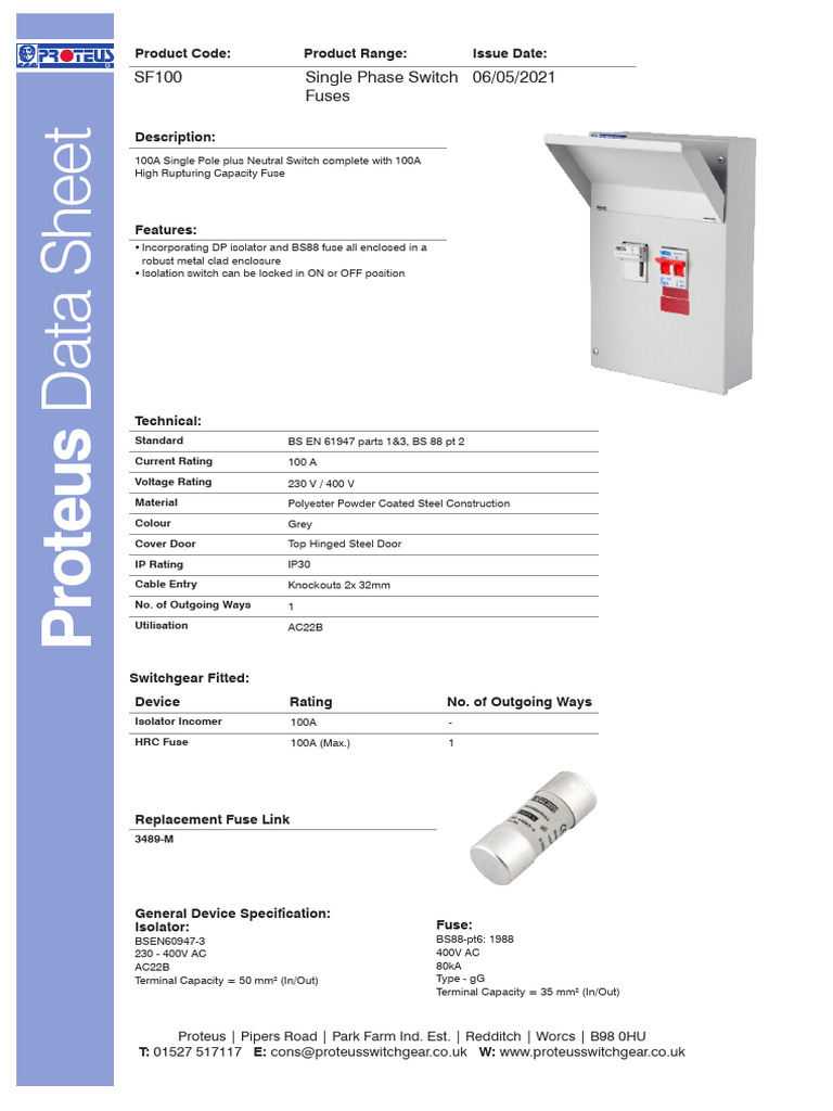 Proteus Sf100 Datasheet | PDF | Fuse (Electrical) | Electrical Wiring