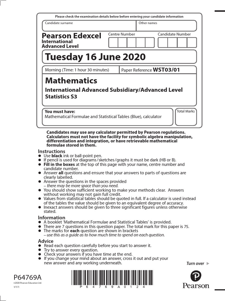 Edexcel S3 October 2020 QP | PDF | Probability Distribution | Mean
