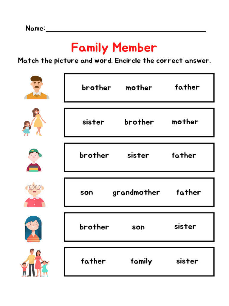 Family Members Matching Worksheet | PDF | Grandparent | Syntax
