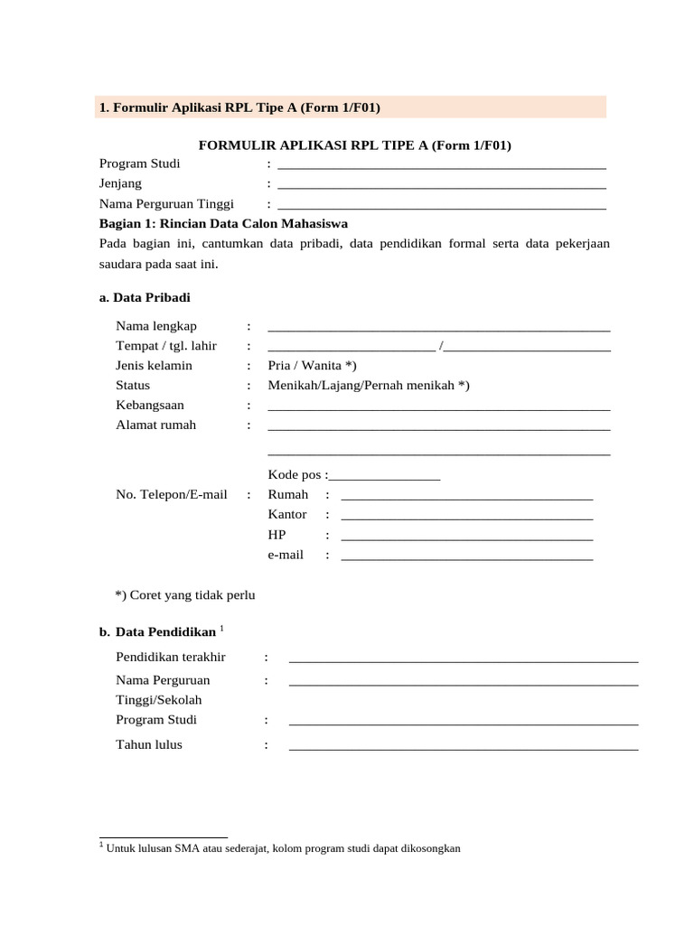 Formulir Aplikasi RPL Tipe A | PDF
