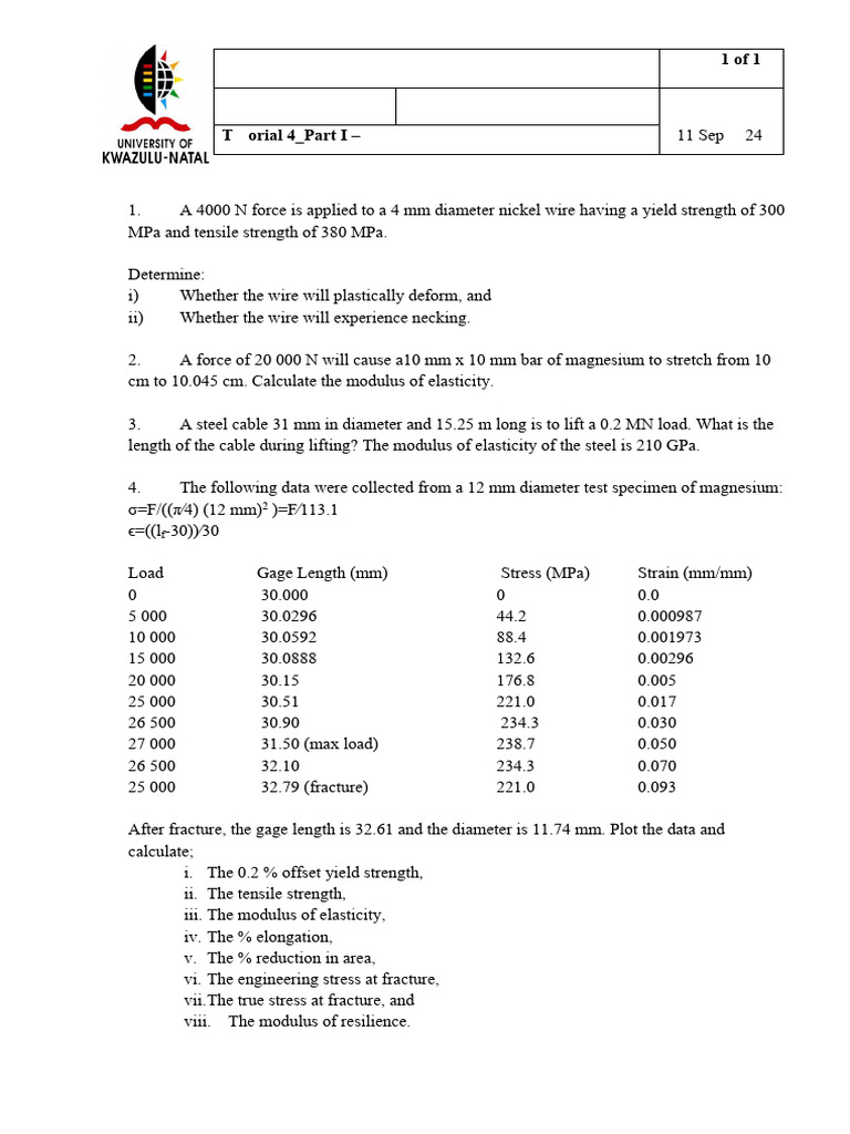 Strength of Materials Tutorial ENCH2MS | PDF