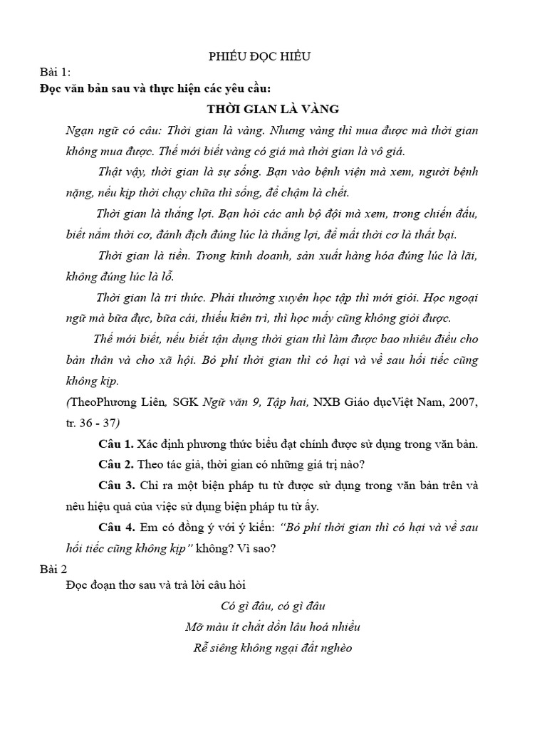 Phiếu Đọc Hiểu | PDF