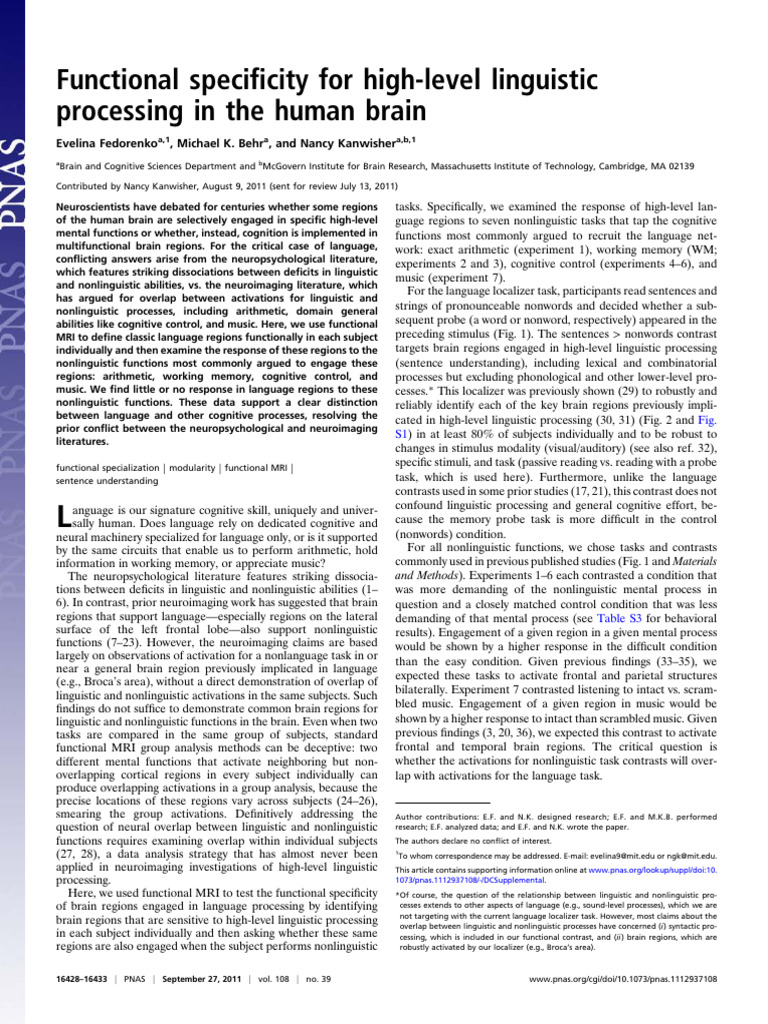 Functional Specificity For High-Level Linguistic | PDF | Executive ...