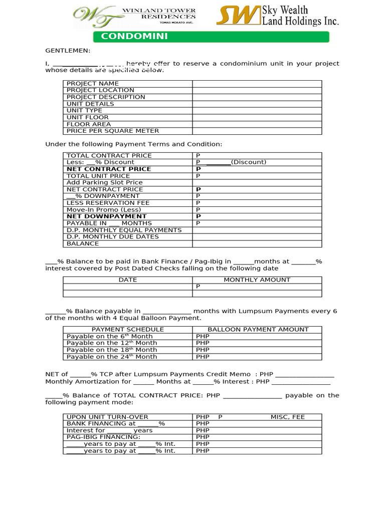 Condominium Unit Reservation Agreement | PDF