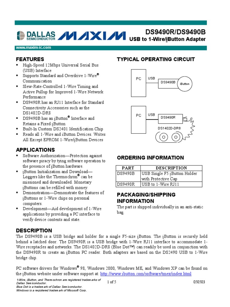 DS9490B DS9490R | PDF | Usb | Personal Computers