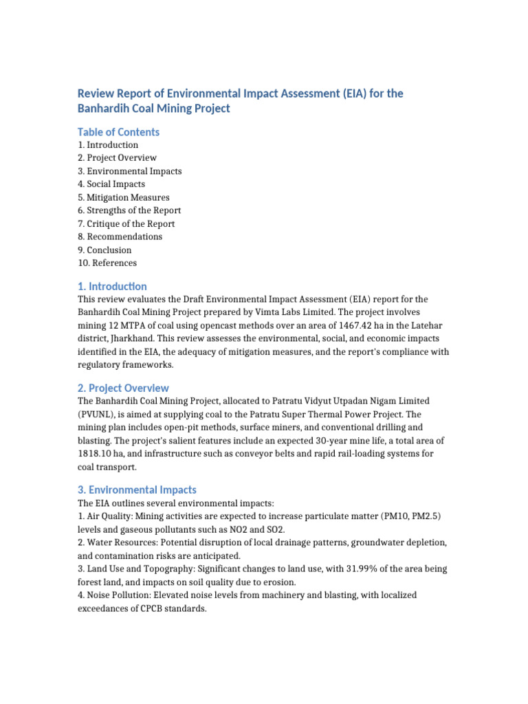 Banhardih Coal Mining EIA Review Report | PDF | Environmental Impact ...