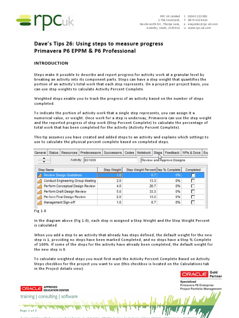 Measuring Progress with Primavera P6 Steps | PDF