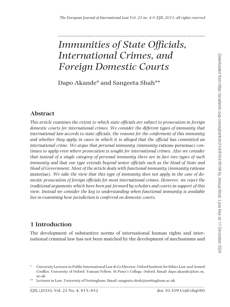 State Officials' Immunities in International Law | PDF | International ...