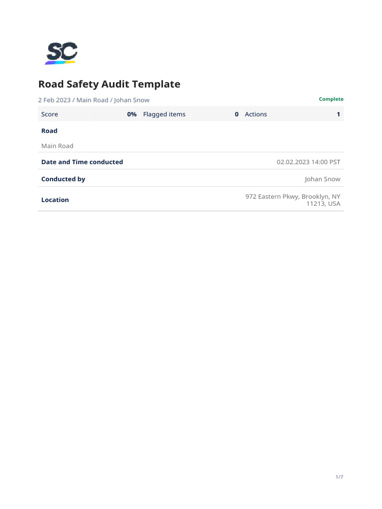 Road Safety Audit Checklist Sample Report SafetyCulture | PDF | Road ...