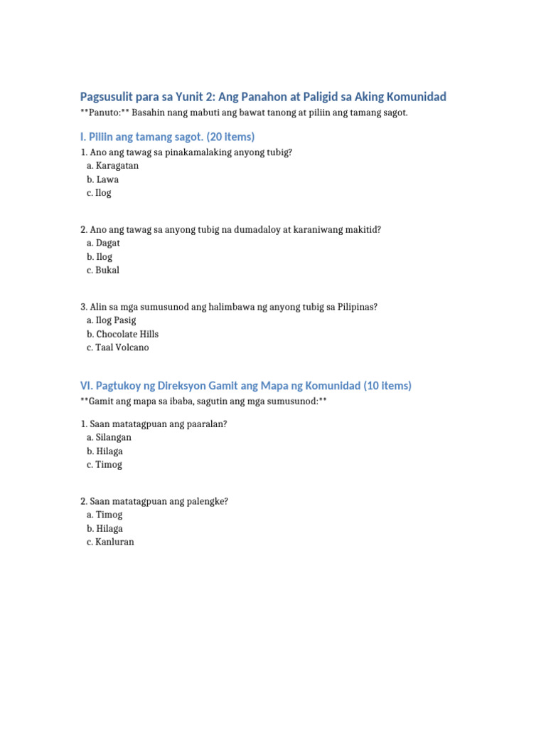 Pagsusulit Yunit 2 Grade 2 | PDF