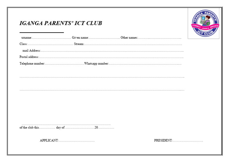 Iganga Parents' ICT Club Membership Form | PDF