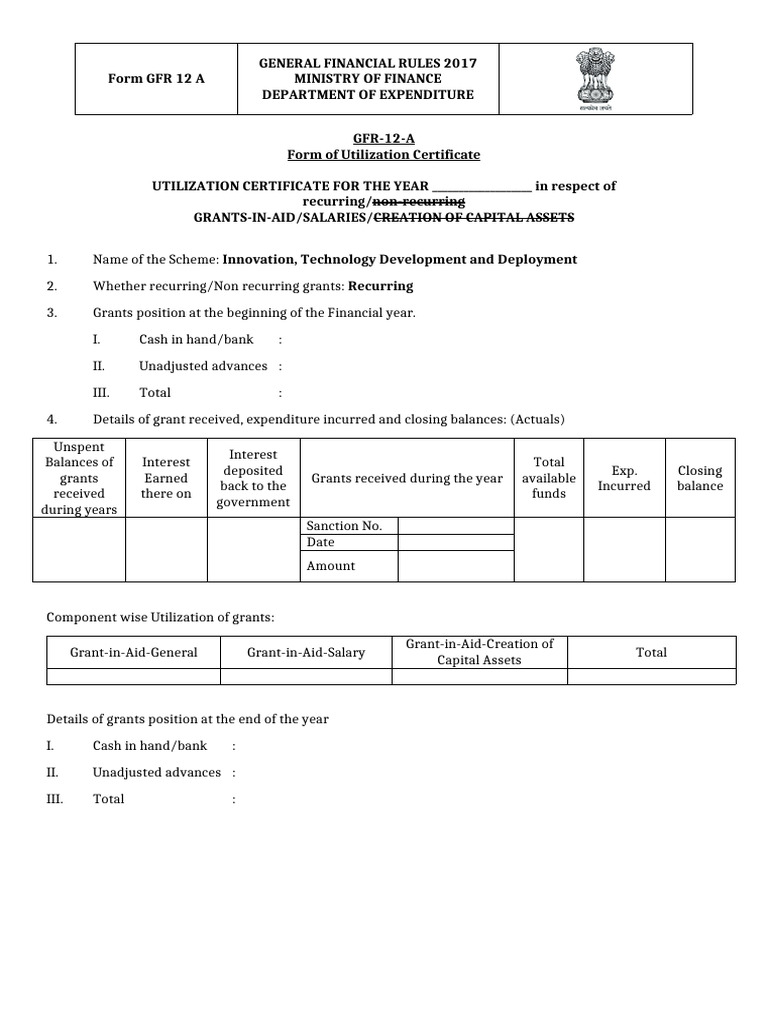 Utilization Certificate Form GFR 12 A | PDF | Expense | Banks