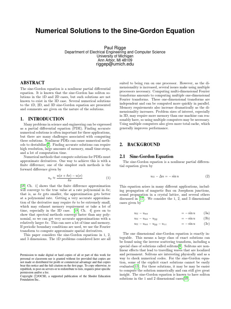 Numerical Solutions To The Sine-Gordon Equation: Paul Rigge | PDF ...
