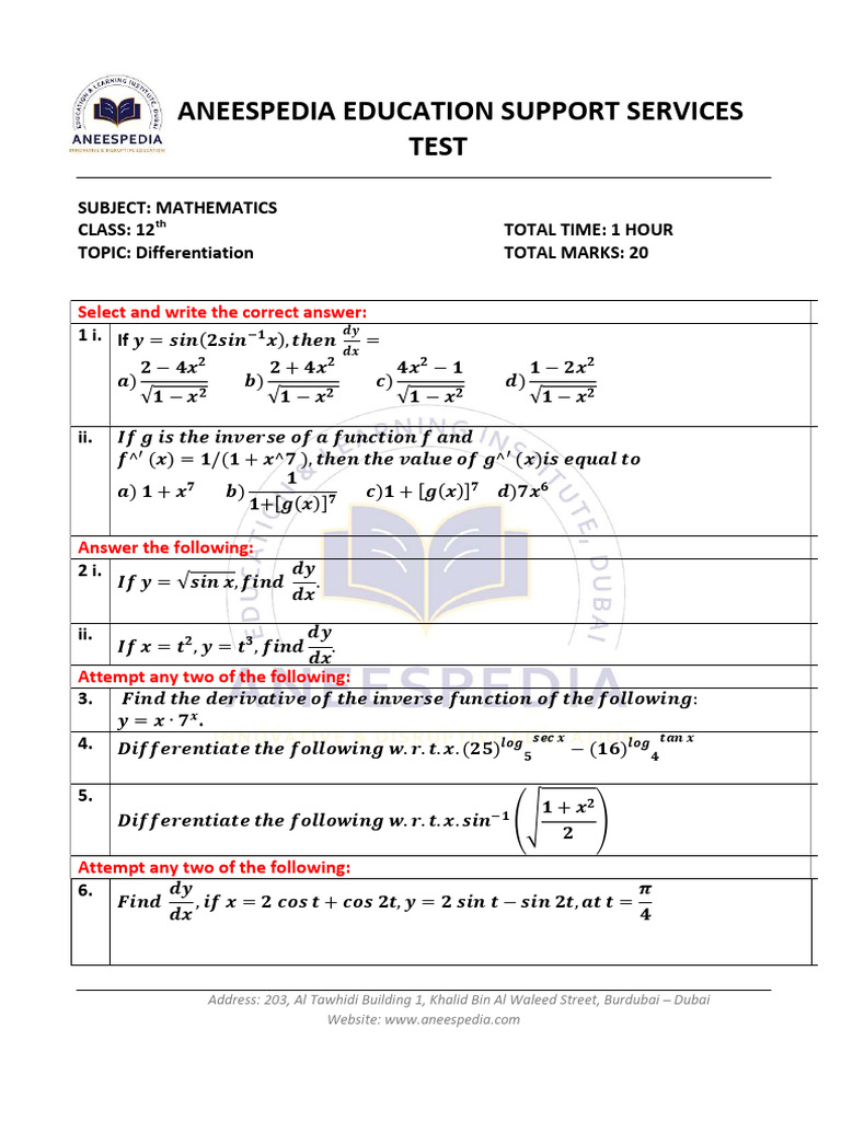 12 MSB Maths Test - Differentiation | PDF | Mathematics | Science