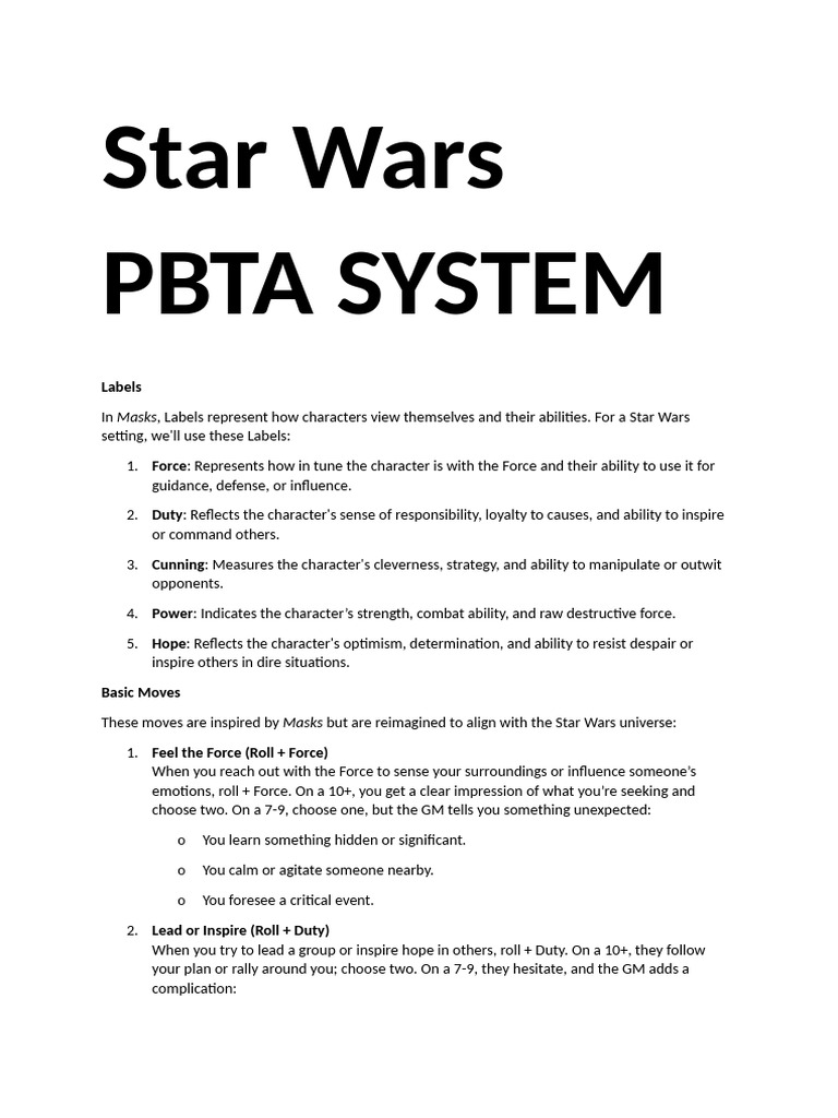 Star Wars PBTA System Overview | PDF | Fear