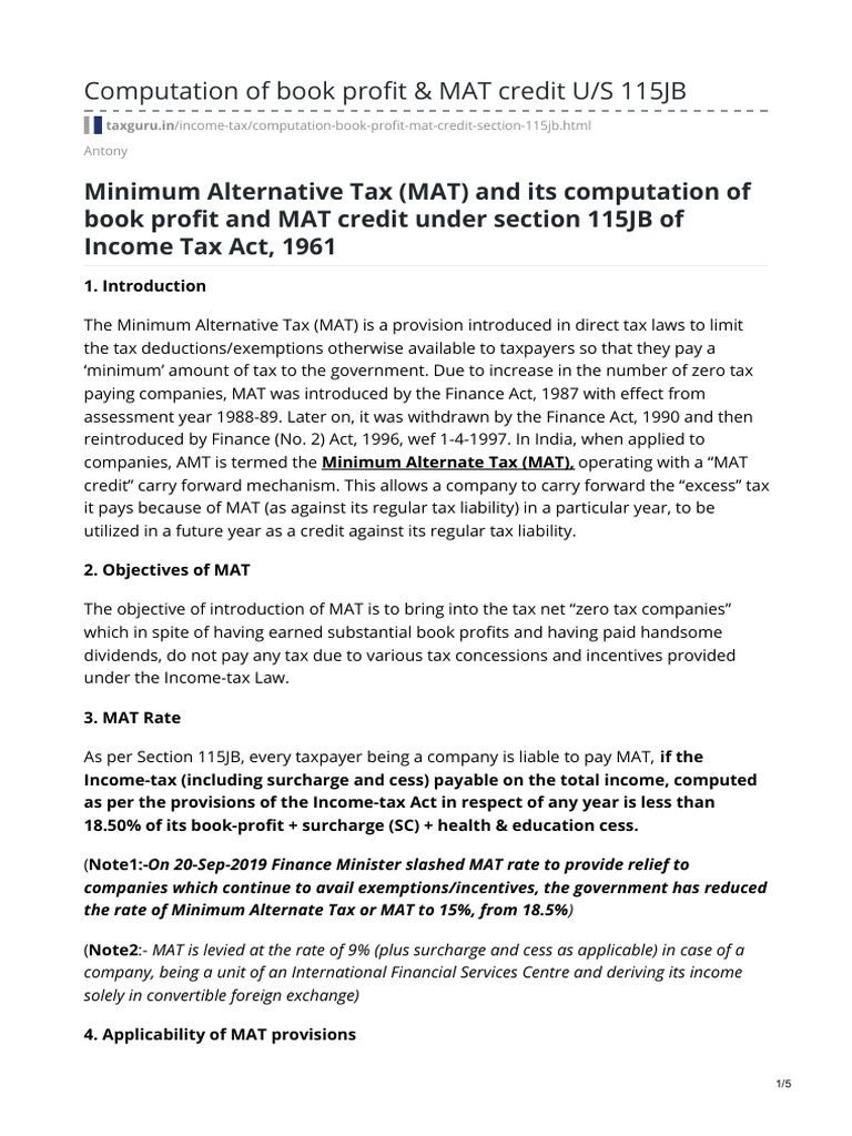 Taxguru - In-Computation of Book Profit Amp MAT Credit US 115JB | PDF ...
