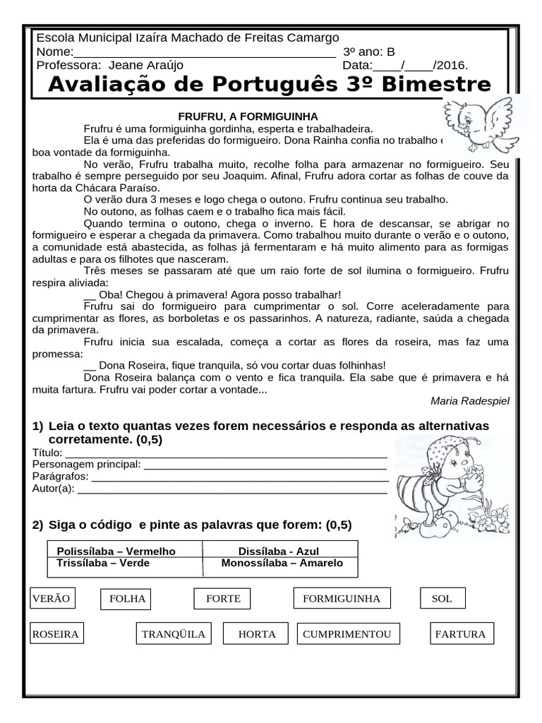 Avaliação de Português 3º Ano B | PDF | Sílaba
