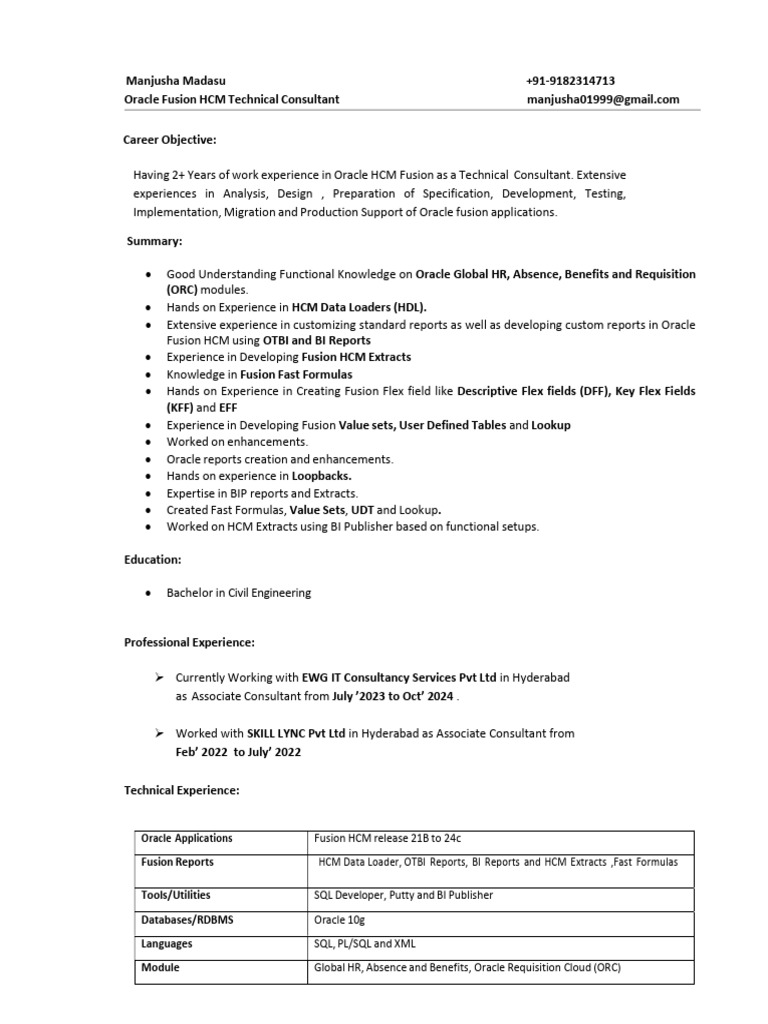 Manjusha Madasu: Oracle HCM Consultant | PDF | Sql | Oracle Corporation