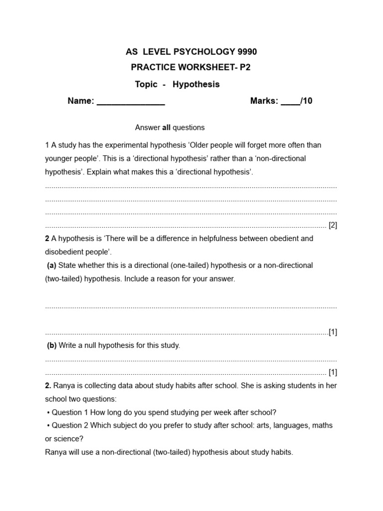 Practice Worksheet - Hypothesis | PDF | Hypothesis | Phobia
