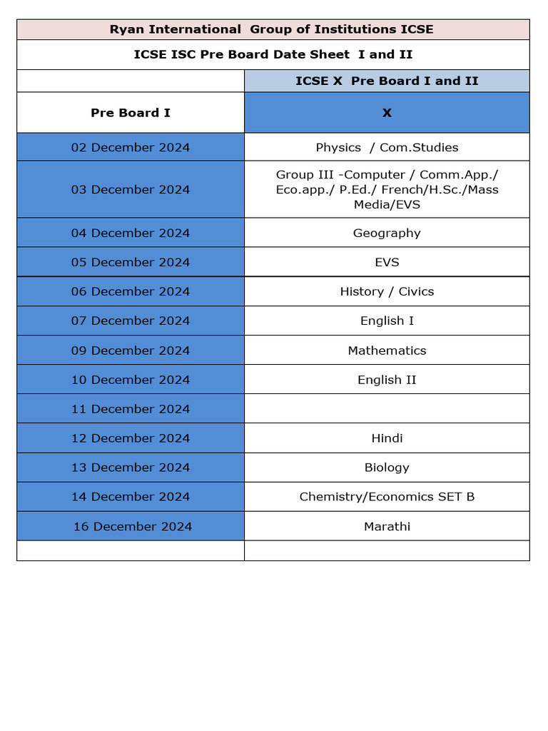 ICSE X Pre Board Exam Schedule 2024 | PDF