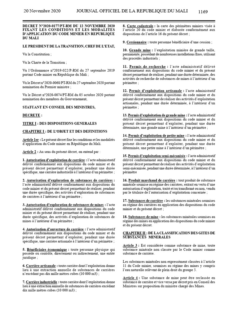 Décret d'application du code minier au Mali | PDF | Exploitation ...