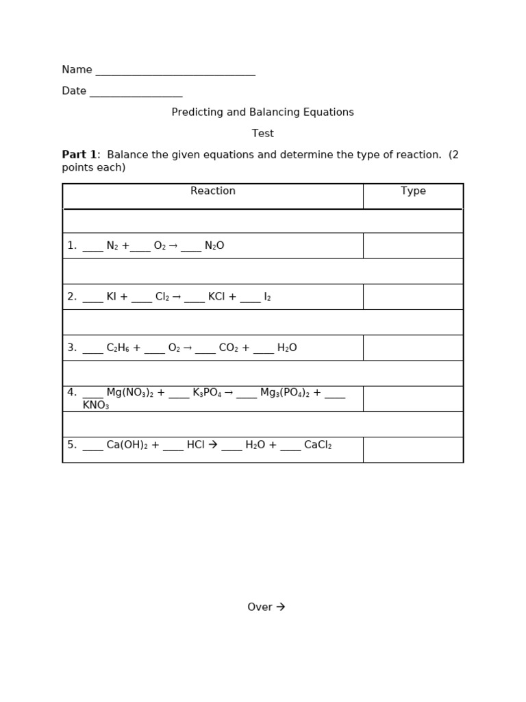 Balancing and Predicting Chemical Reactions Test | PDF