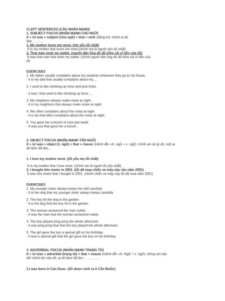 Cleft Sentences and Exercises Guide | PDF | Syntax | Grammar