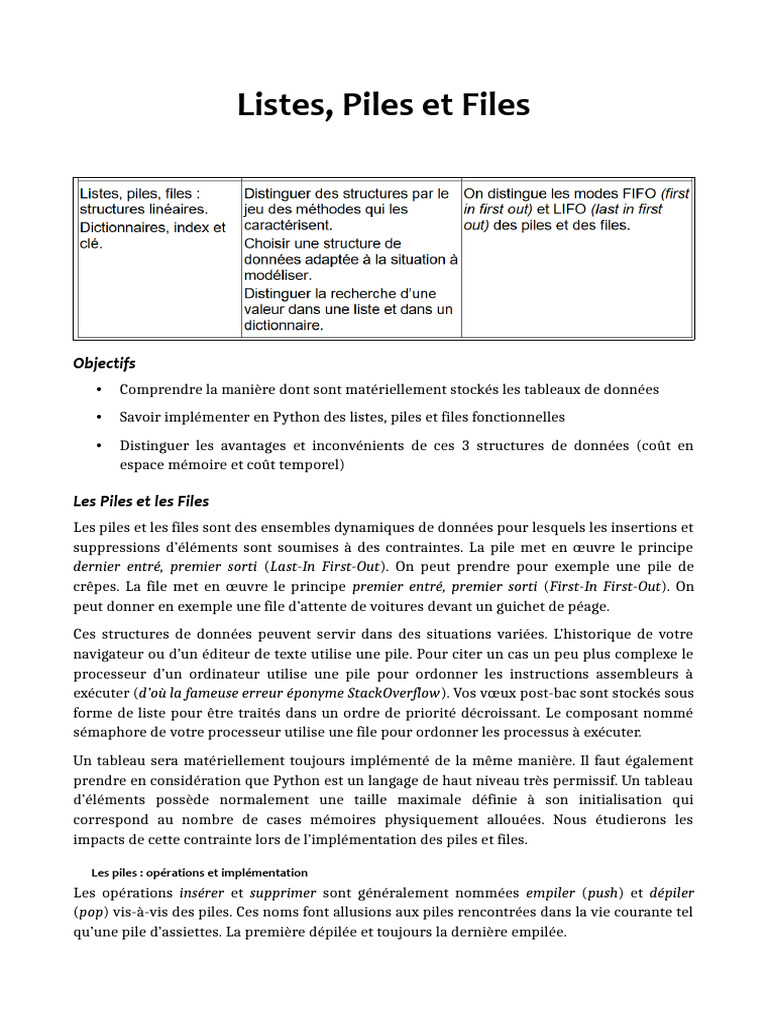 Listes, Piles et Files en Python | PDF | Pointeur (programmation ...