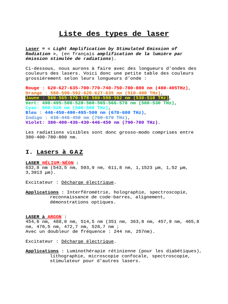 Types de lasers et leurs applications | PDF | Laser | Optique