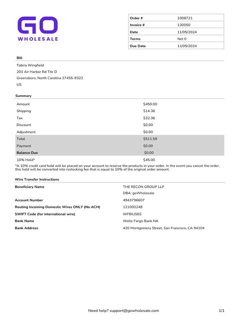 Invoice #130050 for Order #1008721 | PDF