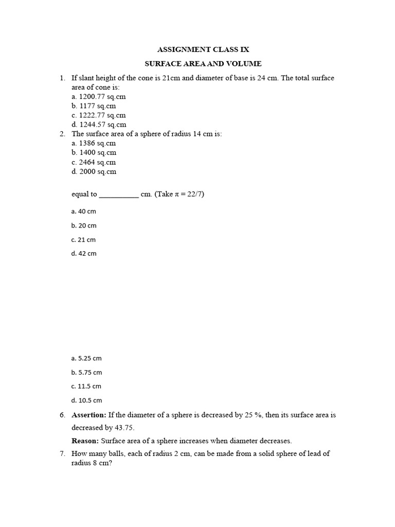 surface area and volume class 9 | PDF | Sphere | Area