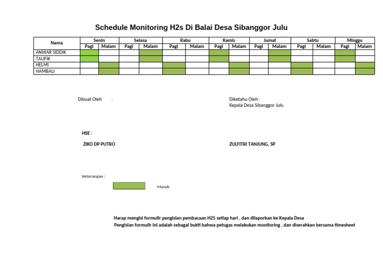 Schedule Monitoring H2s Di Balai Desa Sibanggor Julu | PDF