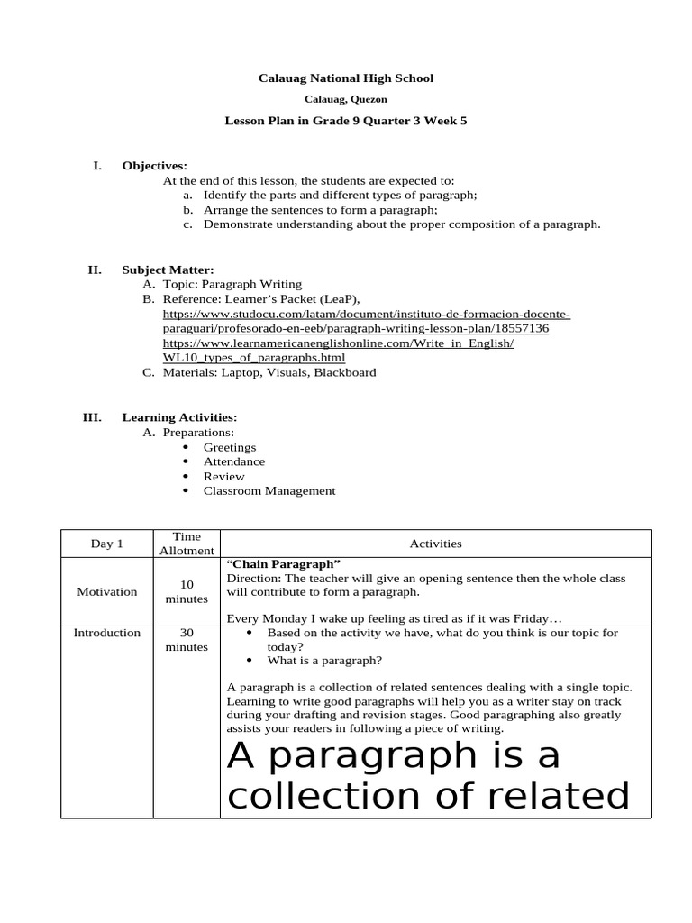 Grade 9 Paragraph Writing Lesson Plan | PDF | Cognition