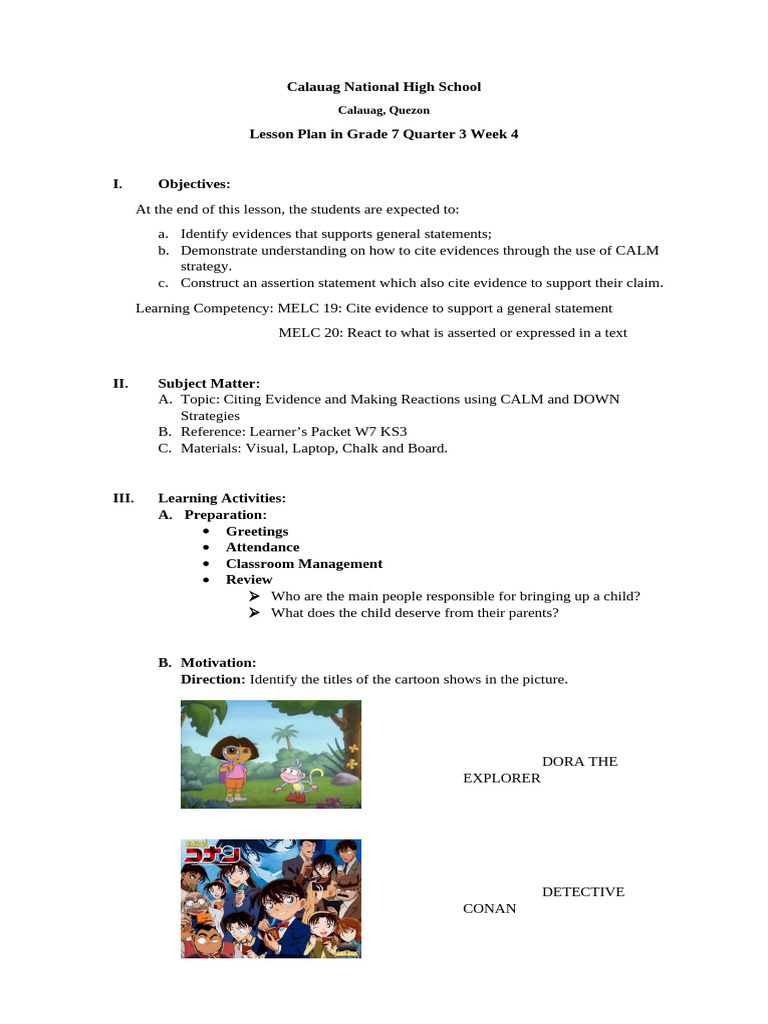 Grade 7 Lesson Plan: Citing Evidence | PDF | Lesson Plan | Learning