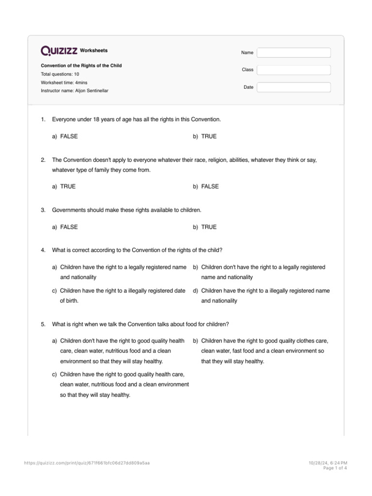 Rights of the Child Worksheet Quiz | PDF