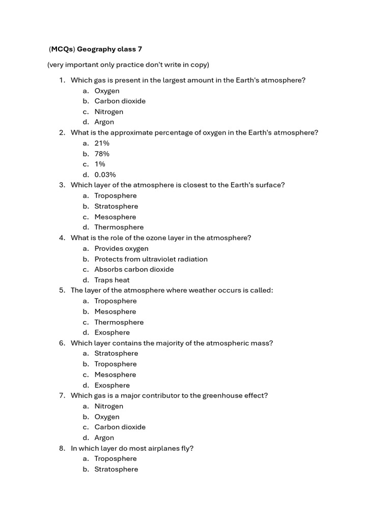 Geography MCQs for Class 7 Practice | PDF | Atmosphere Of Earth | Water ...