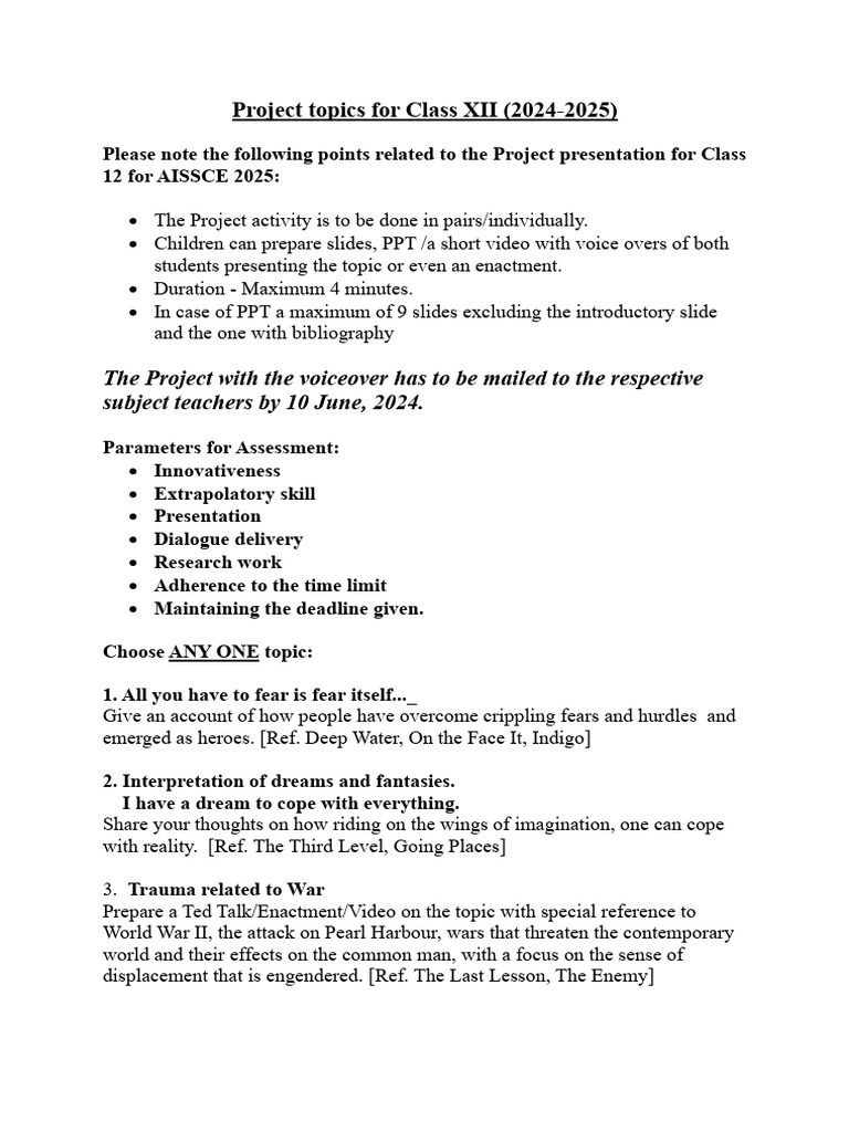 Class XII Project Topics 2024-2025 | PDF