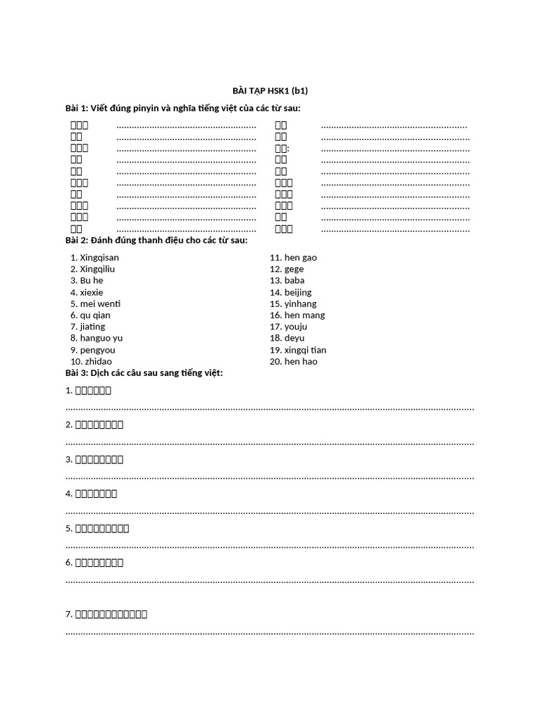 Bã I Táº P Hsk1 Pdf