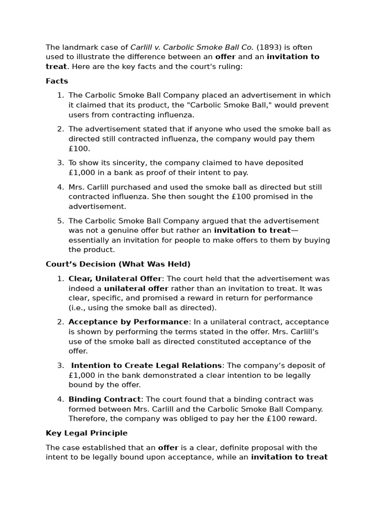Carlill v. Carbolic Smoke Ball Case Summary | PDF