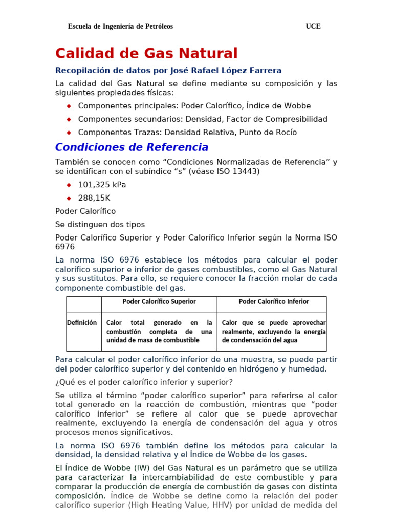 Calidad y Poder Calorífico del Gas Natural | PDF | Gas natural | Gases