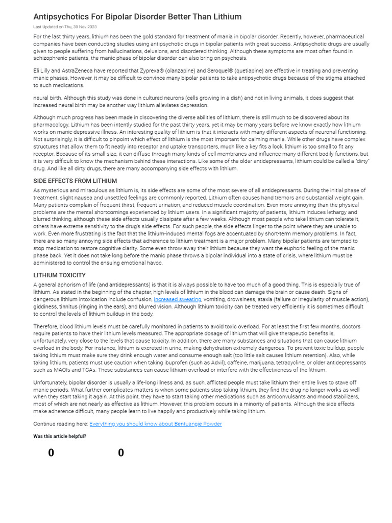 Antipsychotics For Bipolar Disorder Better Than Lithium | PDF ...